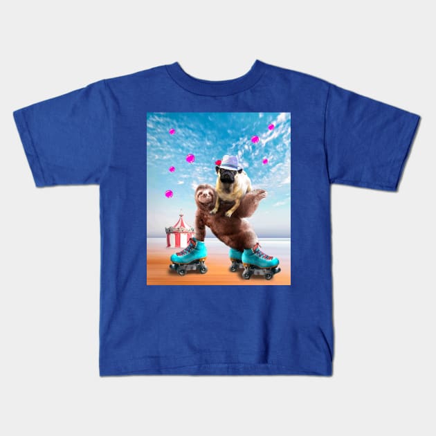 Pug Sloth - Cute Funny Pug Riding Skating Sloth Kids T-Shirt by Random Galaxy